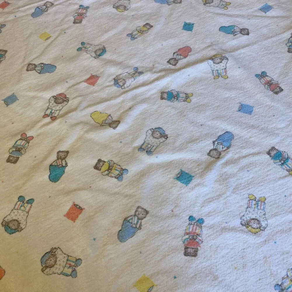 Vintage Flannel Baby Crib Blanket w/satin trim Beige Multicolor Bear Bag Cotton